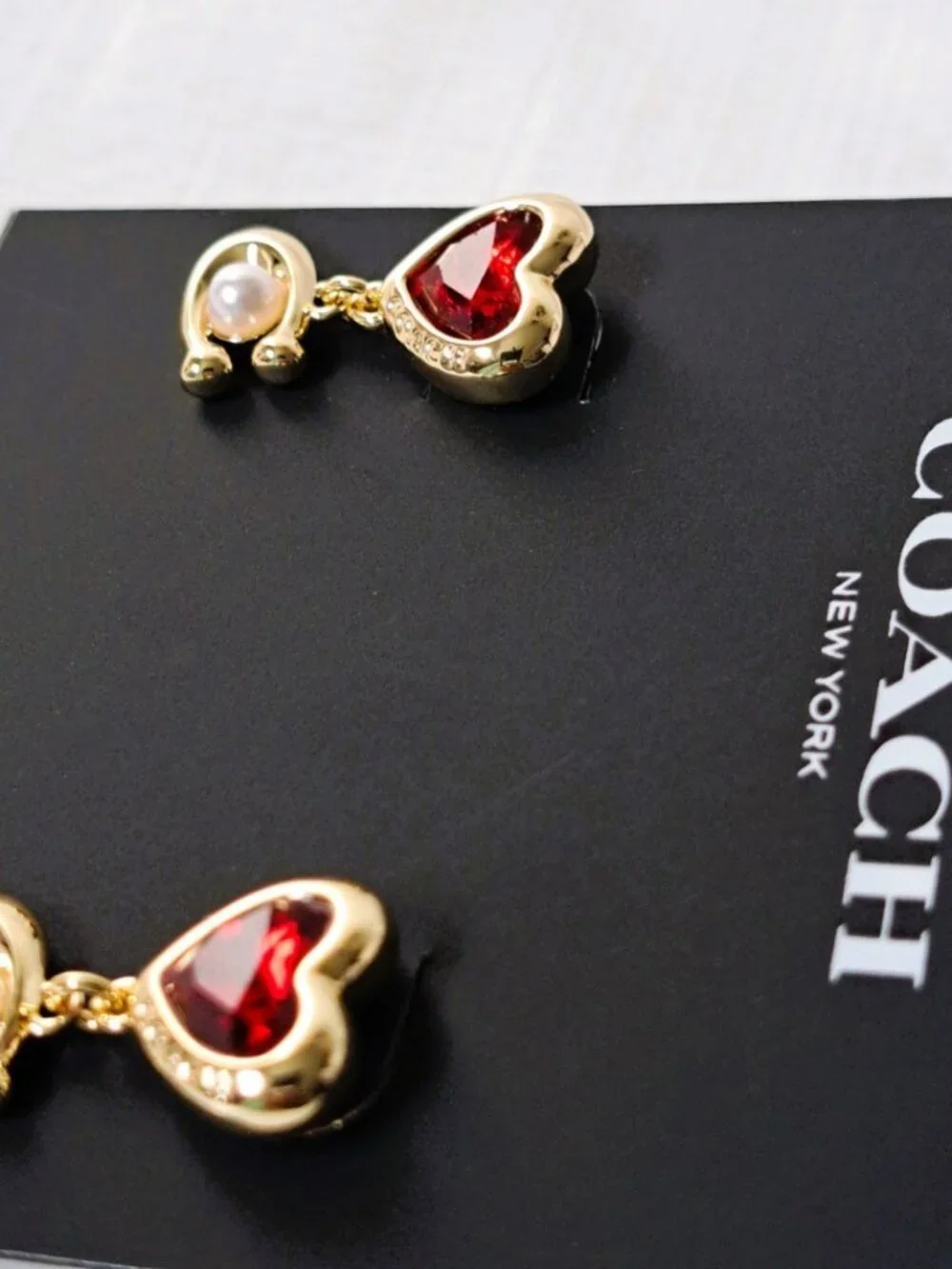 Coach Signature Red/Gold/Pearl Heart Drop Earrings NWT - Picture 7 of 9